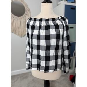 Anthropologie Cloth & Stone Black White Checkered Plaid Off-the-Shoulder Top M